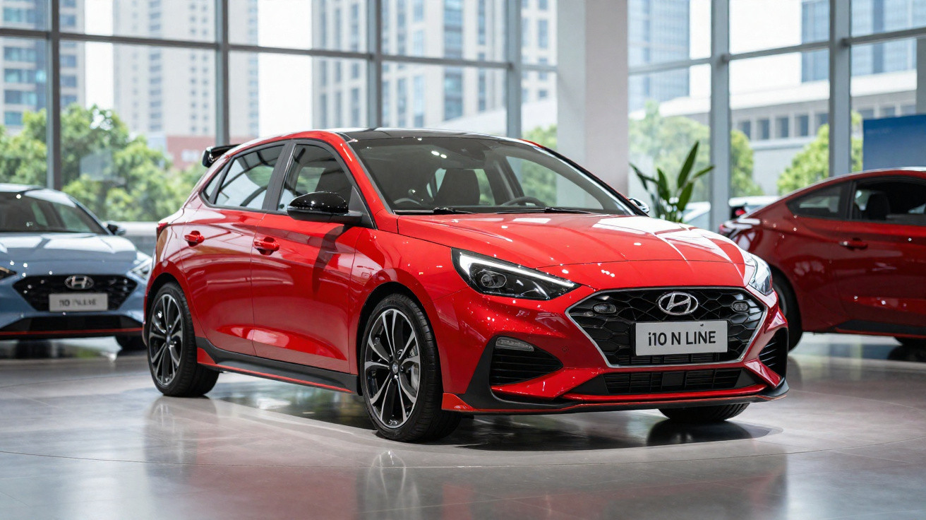 Carro Hyundai i10 N Line vermelho em exposição dentro de showroom moderno com janelas grandes.