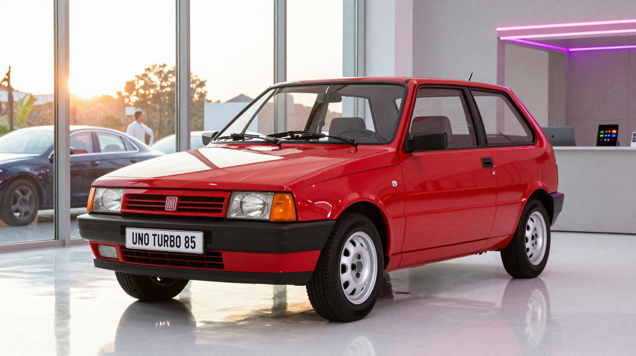 Carro Fiat Uno Turbo 85 vermelho estacionado em ambiente interno com piso branco brilhante.