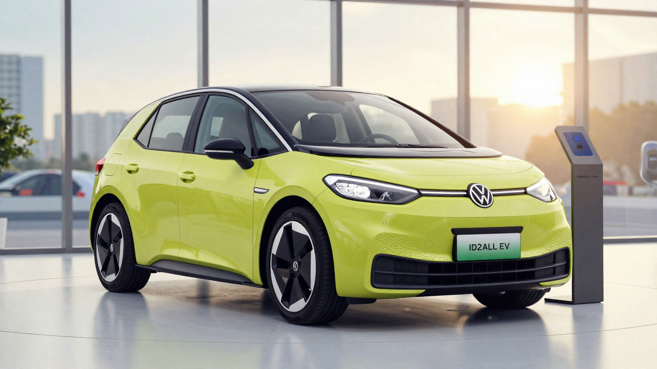 Carro elétrico Volkswagen ID.2 All EV verde estacionado próximo a um carregador em ambiente interno.