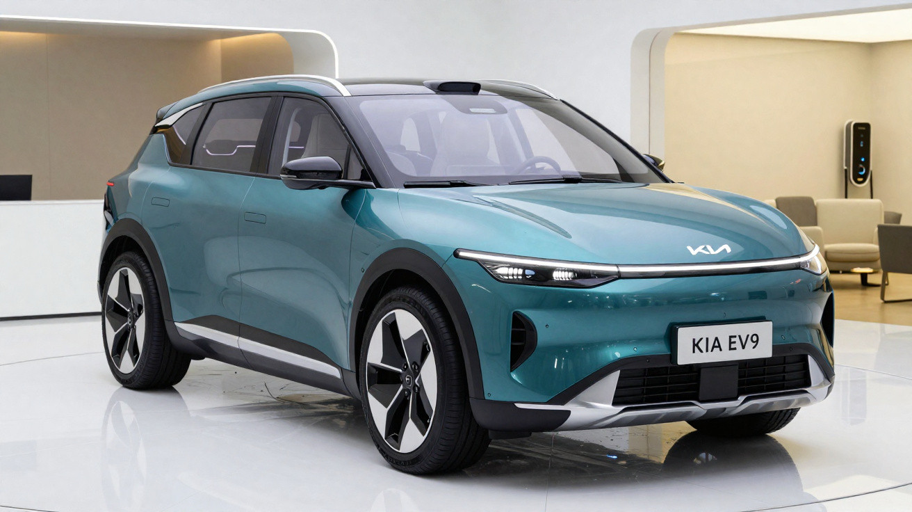 Carro elétrico Kia EV9 verde em exposição com design moderno e rodas aro 20, visto de frente e lado direito.