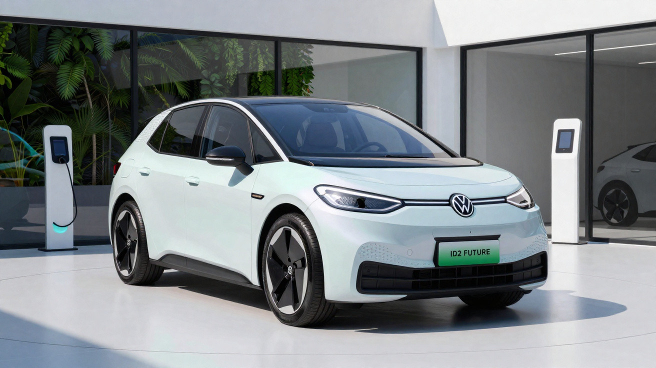 Carro elétrico Volkswagen ID.2 Future branco estacionado ao lado de dois carregadores em área moderna.