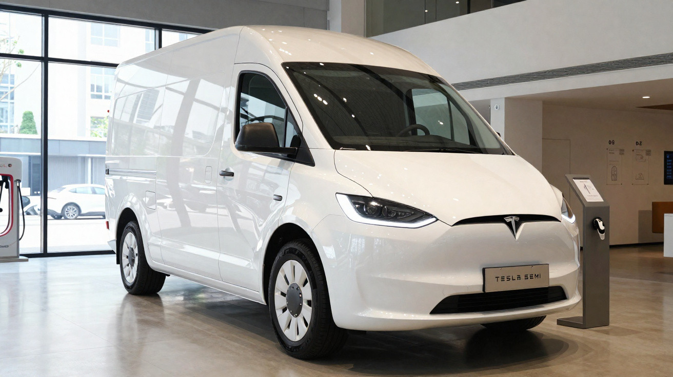 Furgão elétrico branco Tesla Semi exibido em showroom moderno com piso de concreto polido.