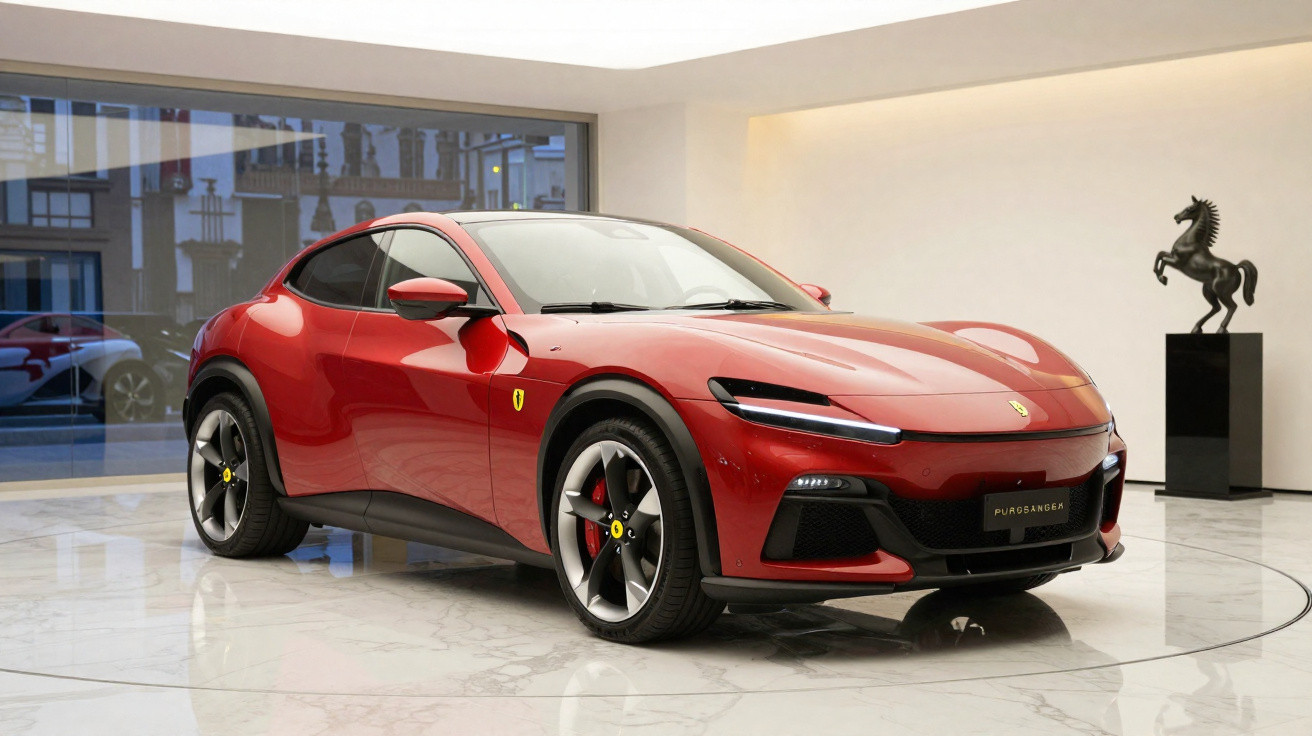 Carro esportivo vermelho Ferrari exibido em salão com estátua do cavalo ao fundo.