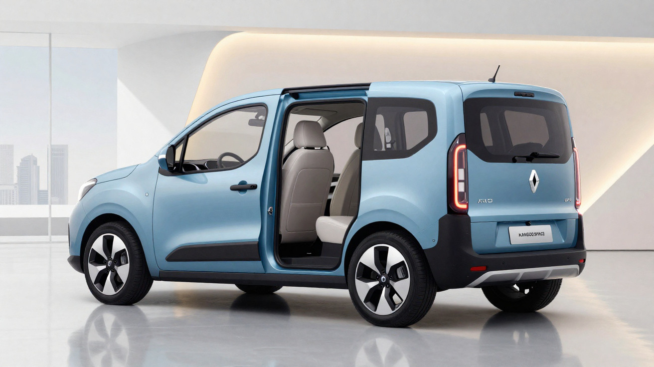 Carro compacto azul com portas laterais deslizantes aberto em espaço interno moderno e iluminado.