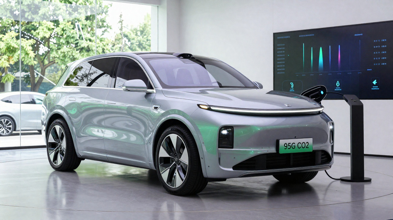 Carro elétrico cinza claro sendo carregado em concessionária moderna com grandes janelas.