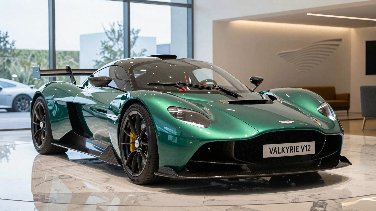 Carro esportivo verde metálico Aston Martin Valkyrie V12 exibido em showroom moderno.