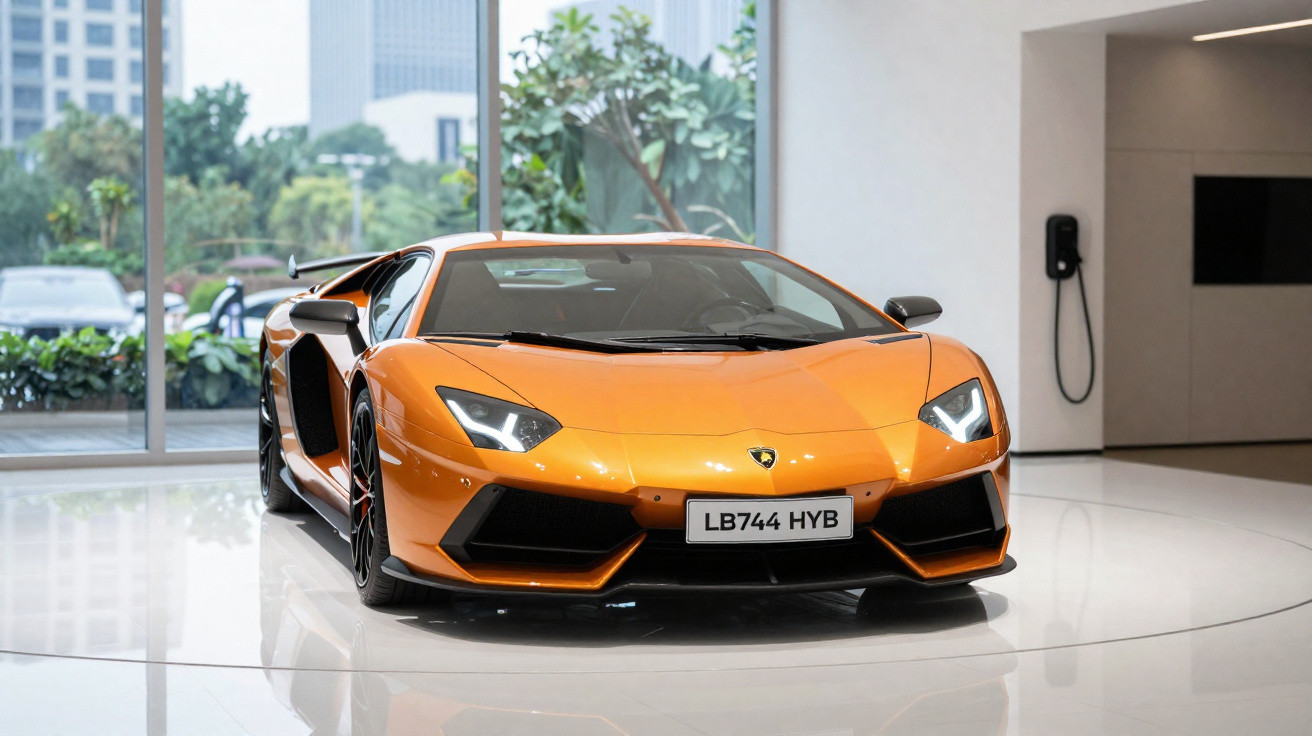 Carro esportivo Lamborghini laranja exibido em showroom moderno com vidros e piso branco.