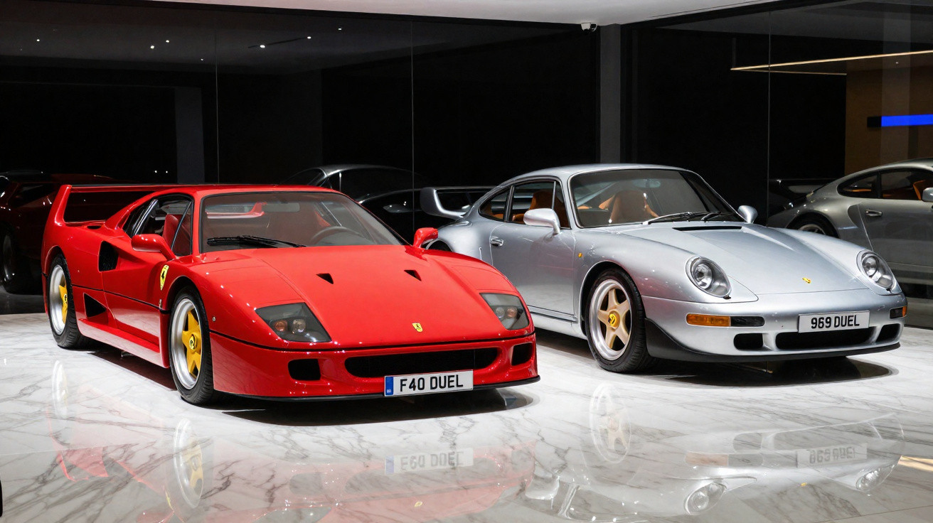 Dois carros esportivos clássicos estacionados em piso de mármore, sendo um Ferrari vermelho e um Porsche prata.