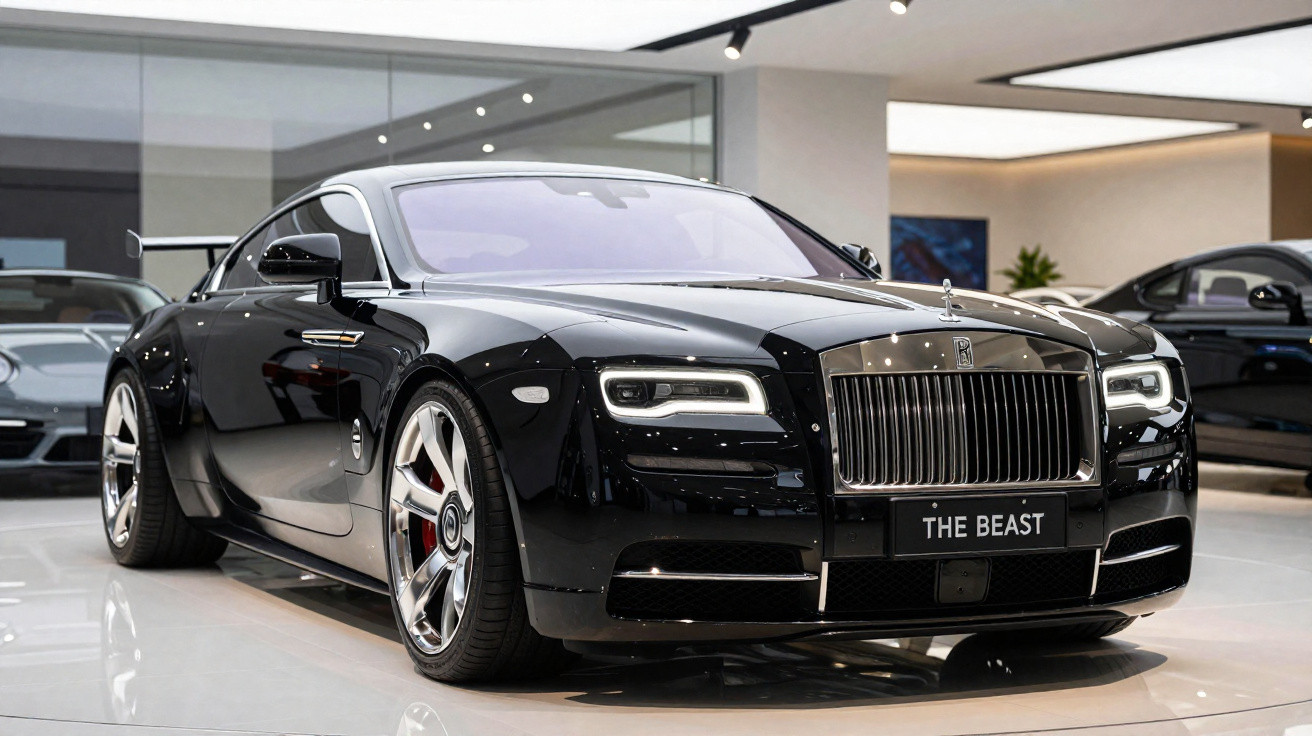 Carro esportivo preto Rolls-Royce com placa "THE BEAST" em showroom moderno e iluminado.