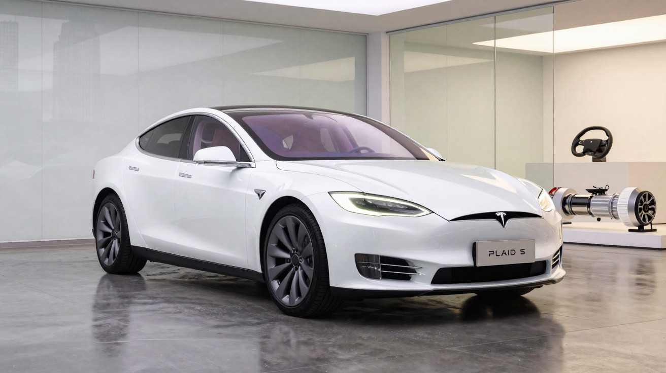 Carro elétrico branco Tesla Model S Plaid estacionado em ambiente interno moderno e minimalista.