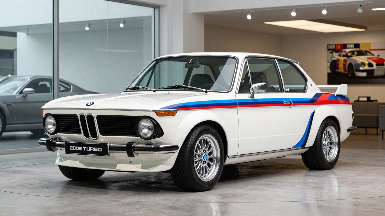 Carro BMW 2002 Turbo branco com detalhes azul e vermelho exposto em showroom moderno.