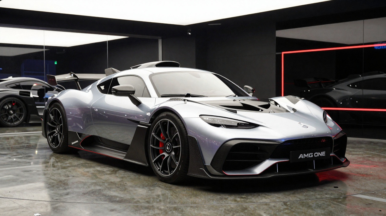 Carro esportivo Mercedes-Benz AMG One prata estacionado em garagem com piso de concreto e espelhos nas paredes.