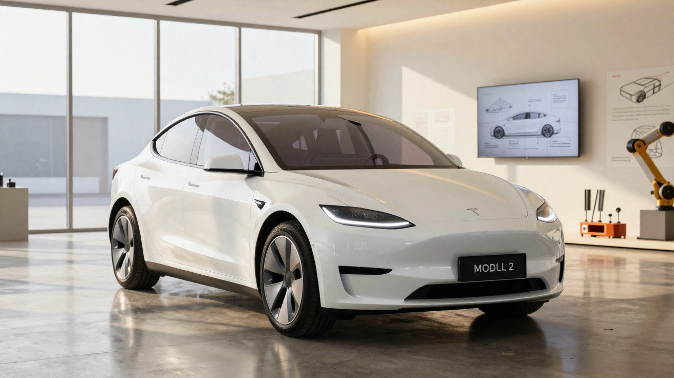 Carro elétrico branco Tesla Modelo 2 estacionado em ambiente interno moderno e iluminado.