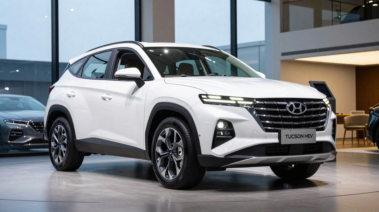 SUV Hyundai Tucson HEV branco exibido em showroom moderno com iluminação natural e teto alto.