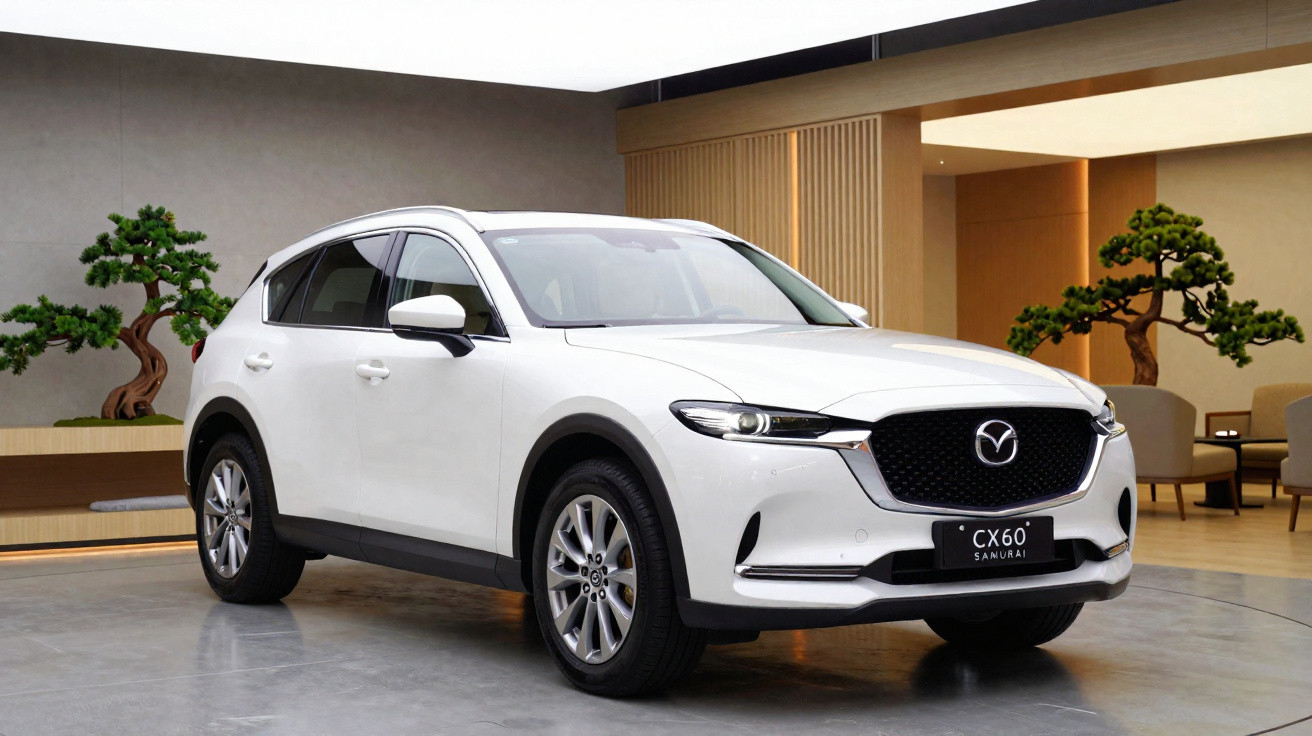 Carro SUV branco Mazda CX-60 estacionado em ambiente interno moderno com plantas decorativas.