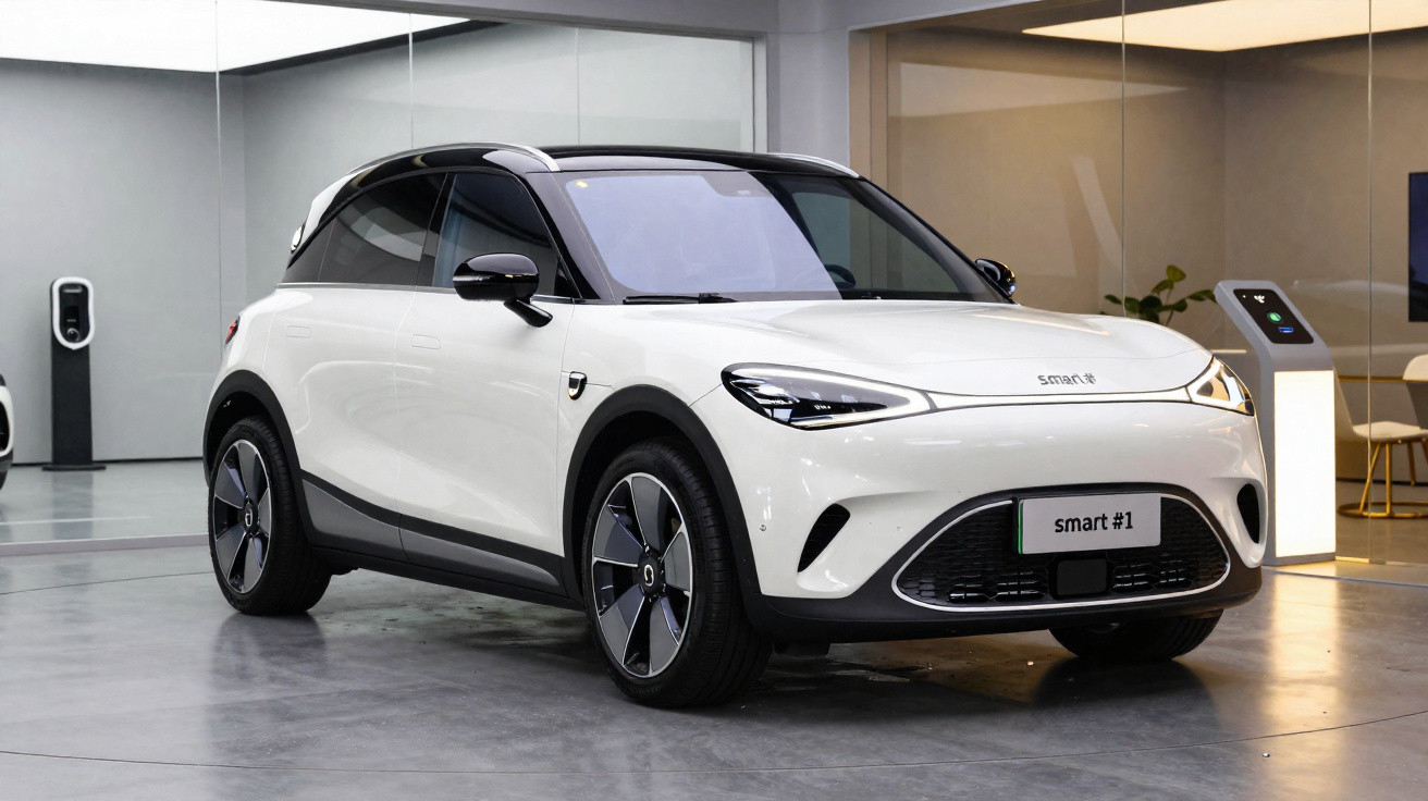 Carro elétrico branco Smart #1 estacionado em showroom moderno com piso cinza e paredes espelhadas.