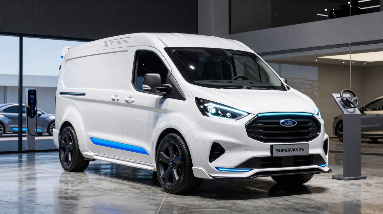 Furgão branco elétrico Ford Supervan EV exibido em showroom moderno com detalhes em azul e carregador ao fundo.