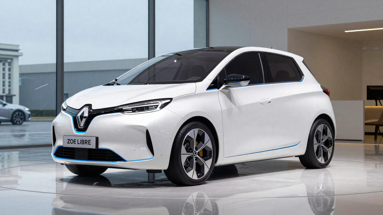 Carro elétrico branco Renault Zoe Livre estacionado em ambiente interno com piso brilhante.