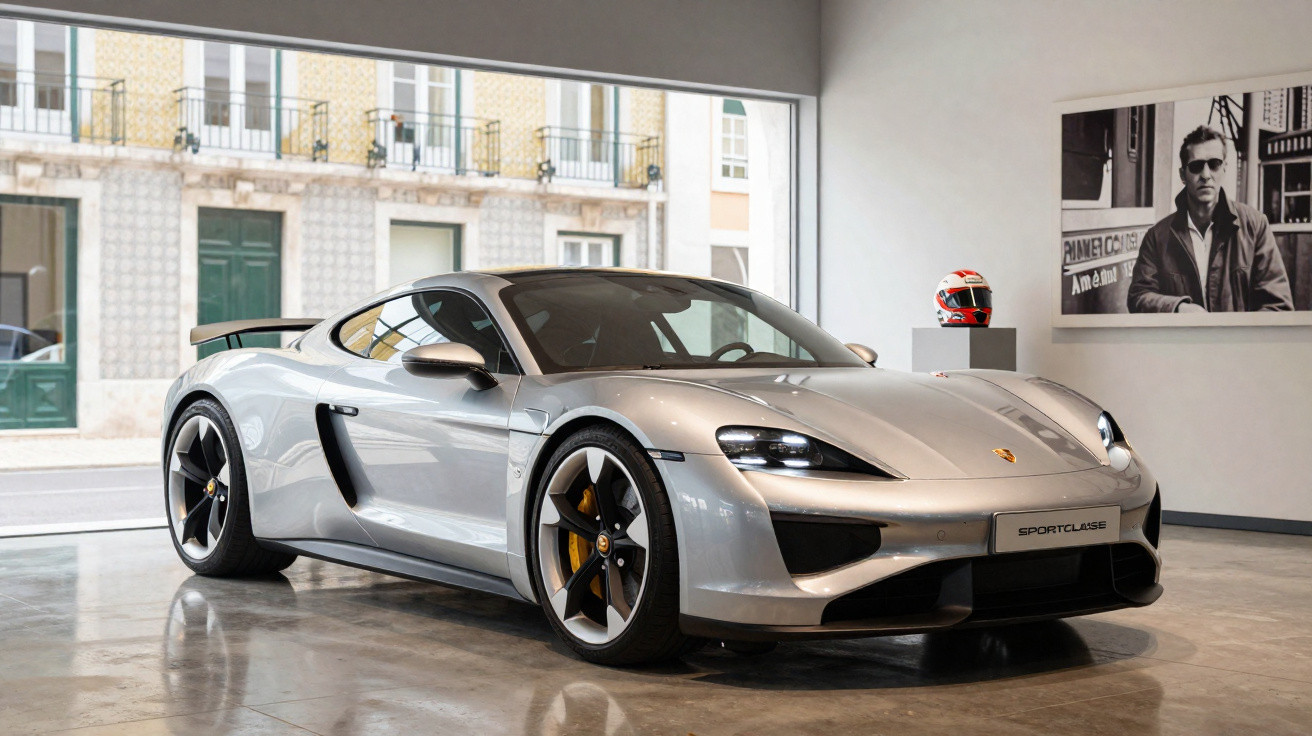 Carro esportivo prata Porsche exibido em showroom moderno com capacete e quadro na parede.