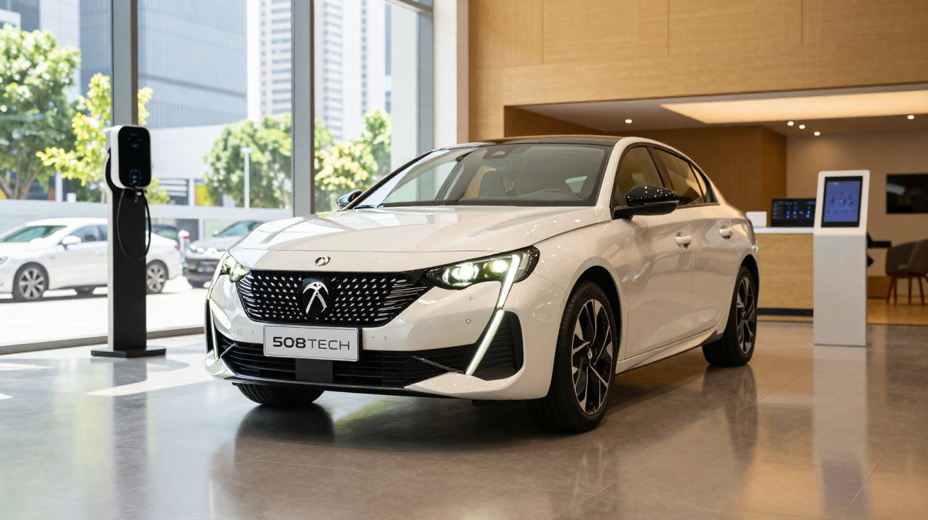 Carro elétrico branco Peugeot 508 Tech estacionado em showroom moderno com tomada de carregamento.