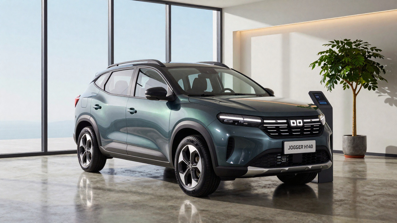 Carro SUV elétrico cinza estacionado em garagem moderna com painel de vidro e planta ao lado.