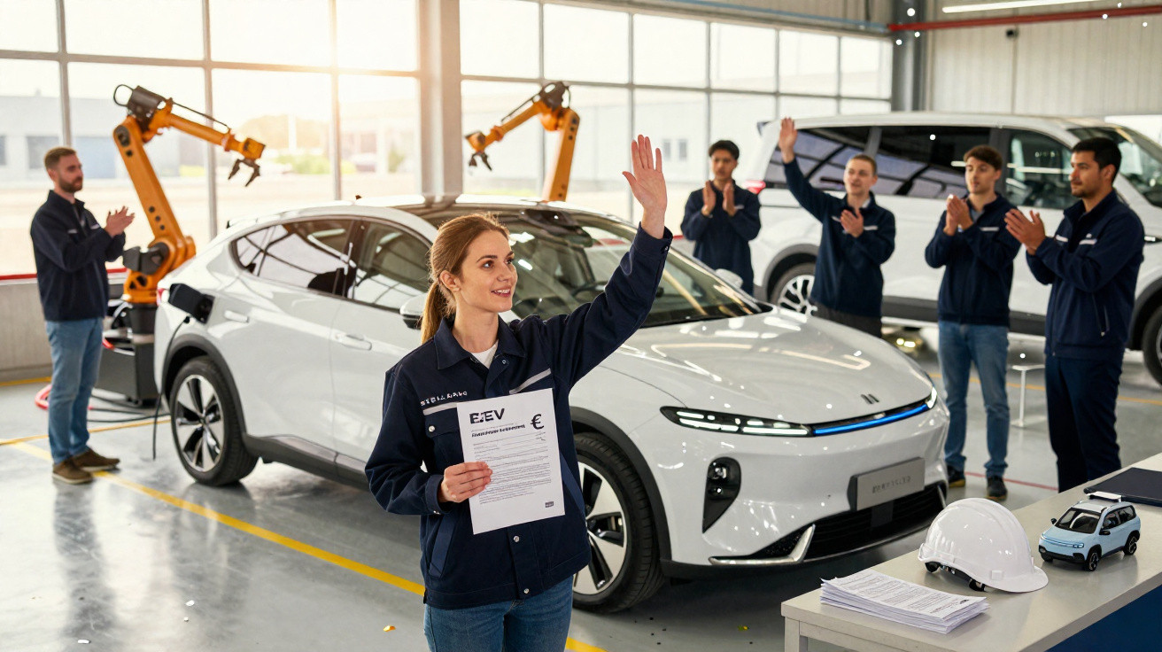 Mulher segurando certificado e acenando em frente a carro branco com equipe aplaudindo em fábrica automotiva.