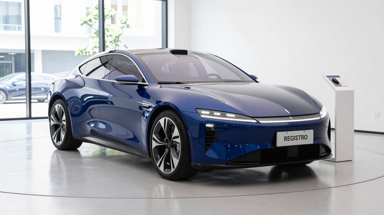 Carro elétrico esportivo azul estacionado em showroom moderno com placa "REGISTRO".