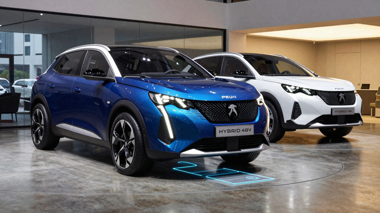 Dois carros híbridos Peugeot 208 SUV em azul metálico e branco expostos em showroom.