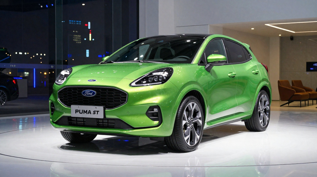 Carro verde Ford Puma ST exposto em ambiente interno com piso branco e fundo noturno.