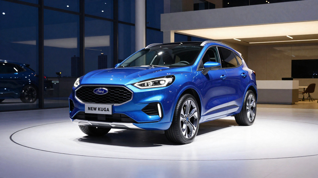 Carro SUV Ford New Kuga azul em exposição iluminada em ambiente moderno e sofisticado.