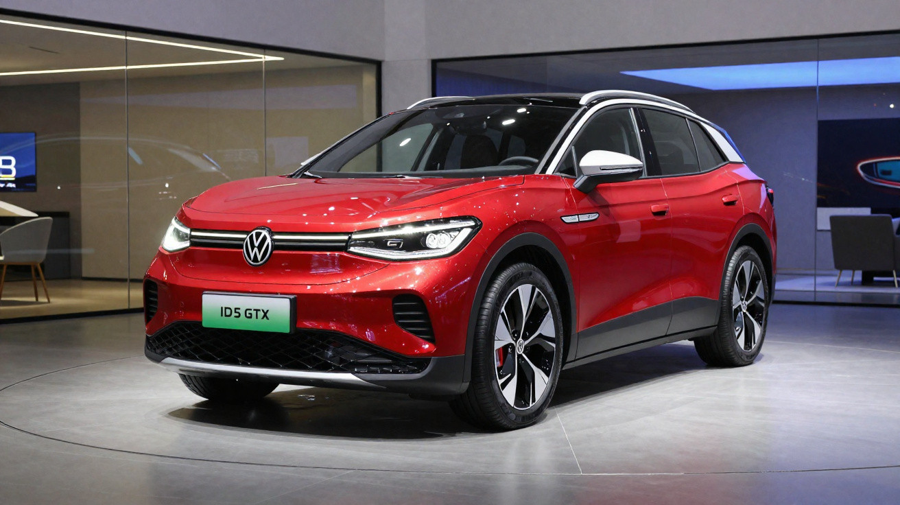 Carro elétrico Volkswagen ID.5 GTX vermelho exibido em showroom moderno com iluminação ambiente.