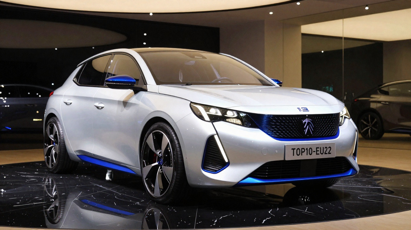 Carro branco com detalhes azuis e placas TOP10-EU22 em exposição dentro de salão moderno.