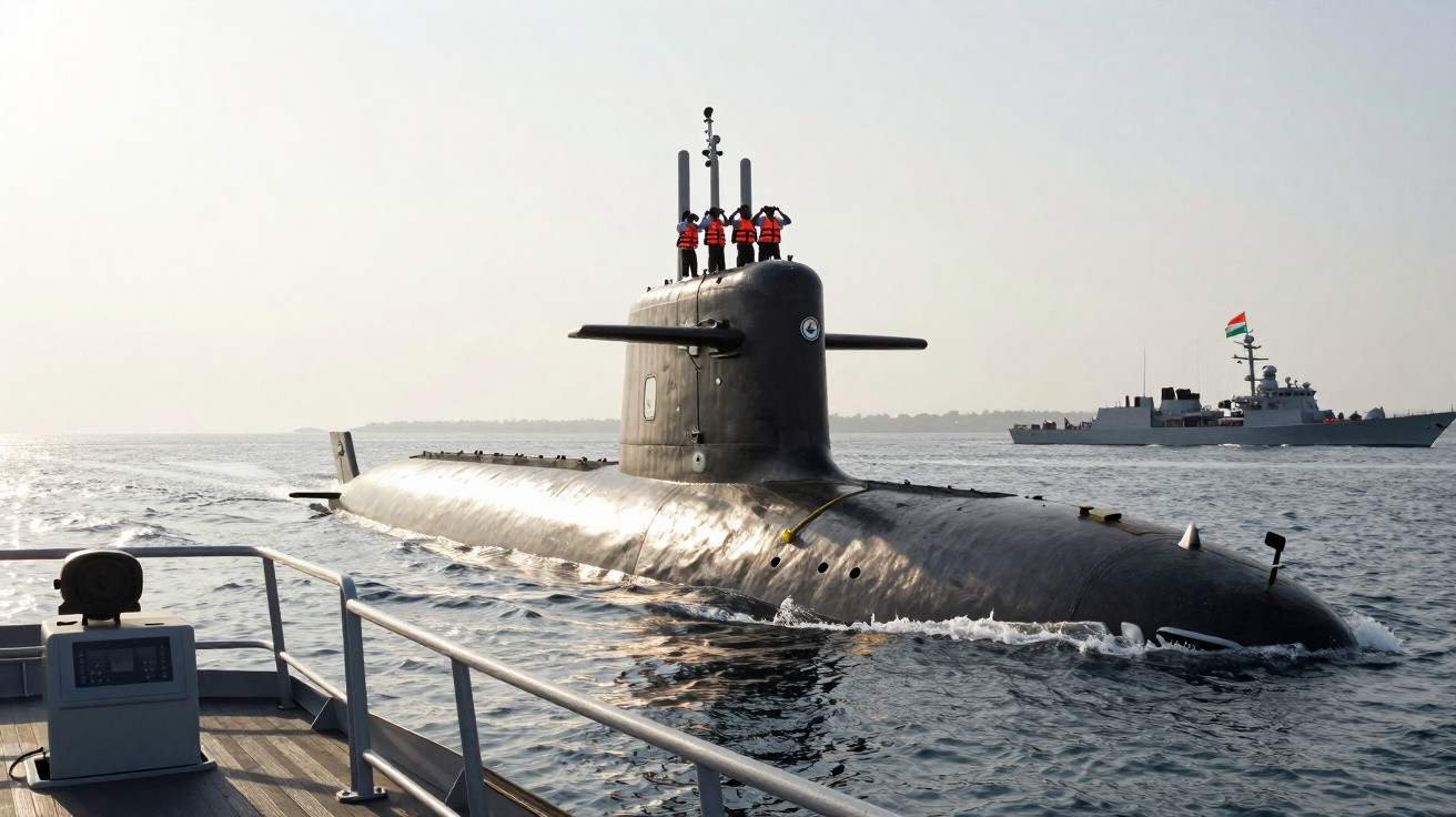 Submarino indiano com tripulação no convés navegando próximo a navio de apoio em mar calmo.