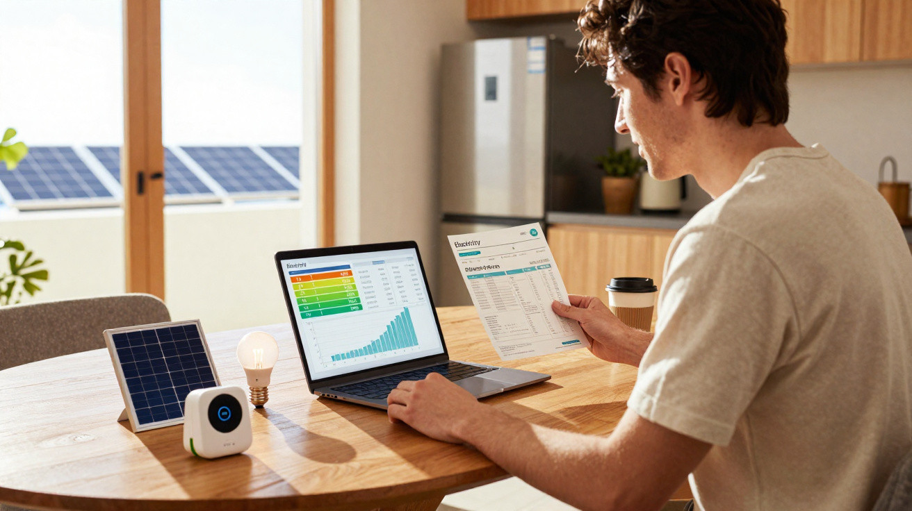 Jovem analisando gráficos de consumo de energia em laptop e papel, em cozinha com luz natural.