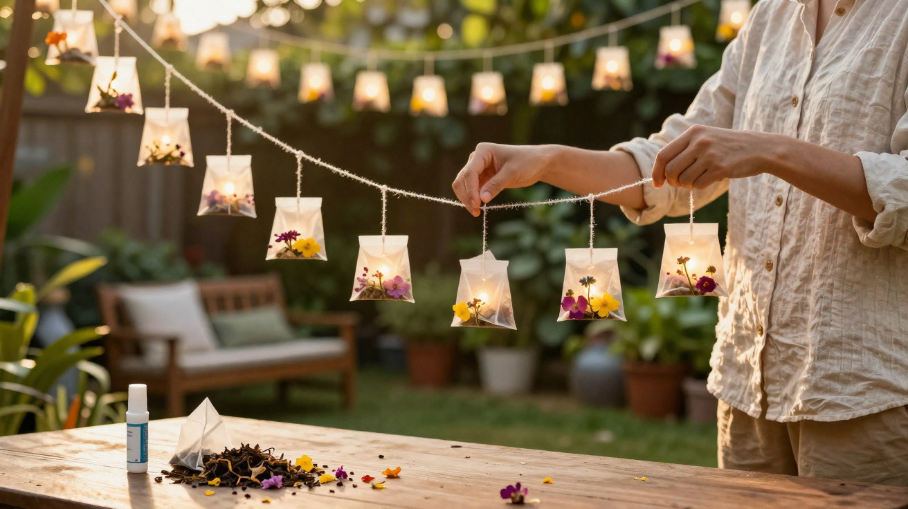 Pessoa pendurando luzes decorativas com flores secas em ambiente externo ao pôr do sol.