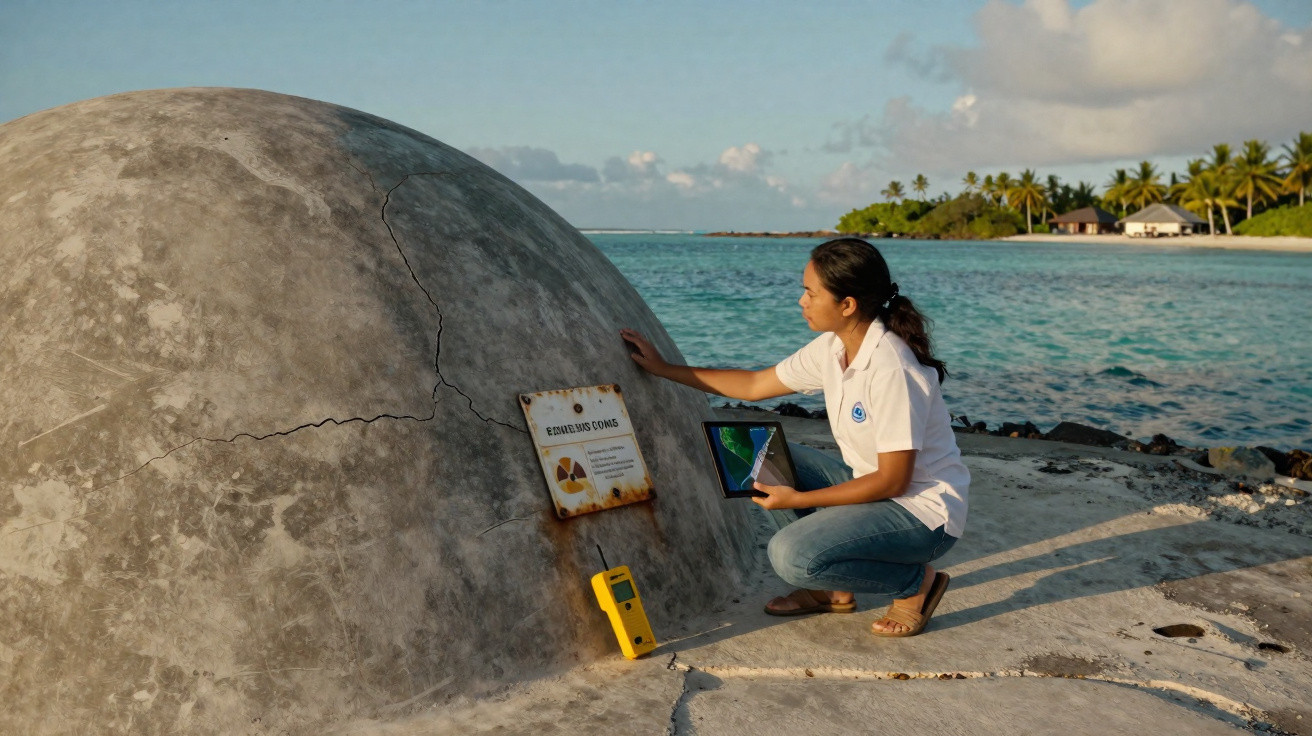 Mulher usando tablet ao lado de abrigo com placa de radiação na ilha cercada por mar e coqueiros.