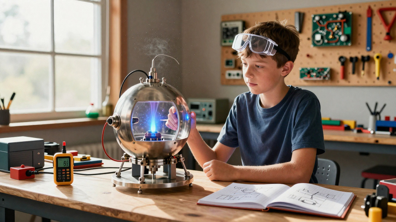 Garoto usando óculos de proteção trabalhando em experimento científico com máquina e livro aberto em mesa.