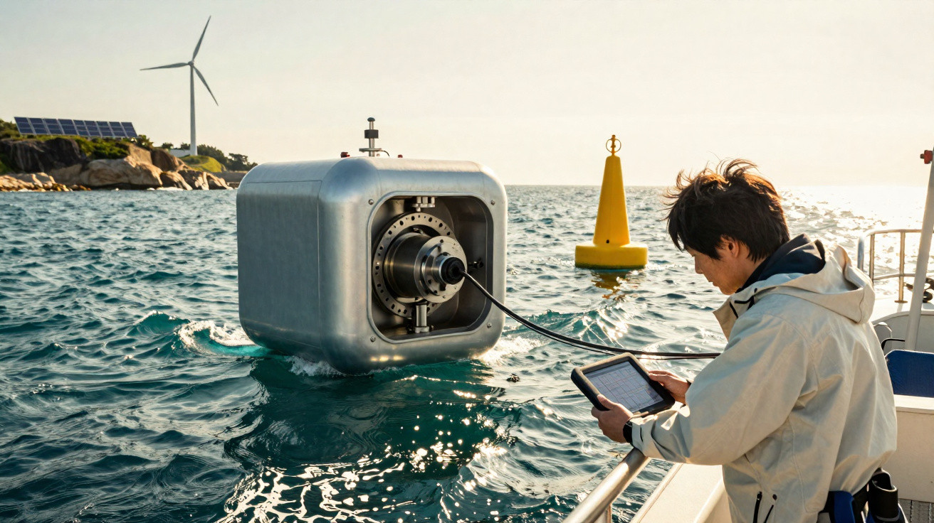 Pesquisador controla equipamento tecnológico à beira do mar com turbinas eólicas e painel solar ao fundo.