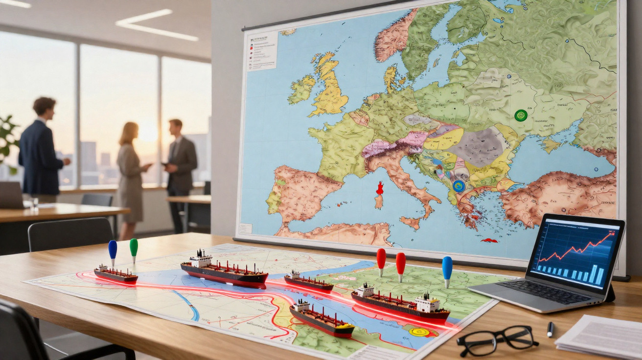 Sala de reunião com mapa marítimo, navios modelados e gráficos de monitoramento no laptop.