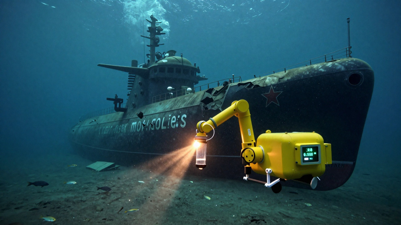 Submarino militar com robô subaquático amarelo iluminando o ambiente marinho.