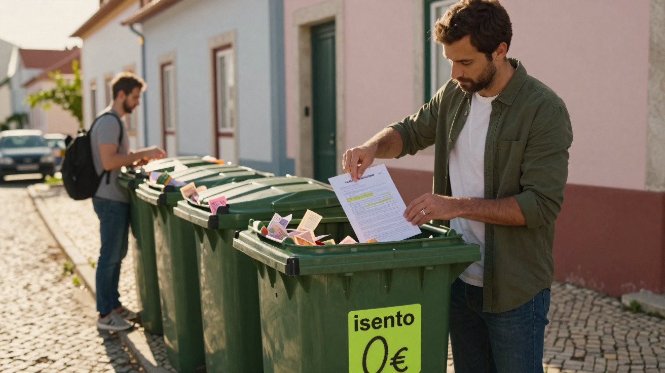 Jovens descartando documentos e papéis em lixeiras verdes na rua de uma vila ensolarada.