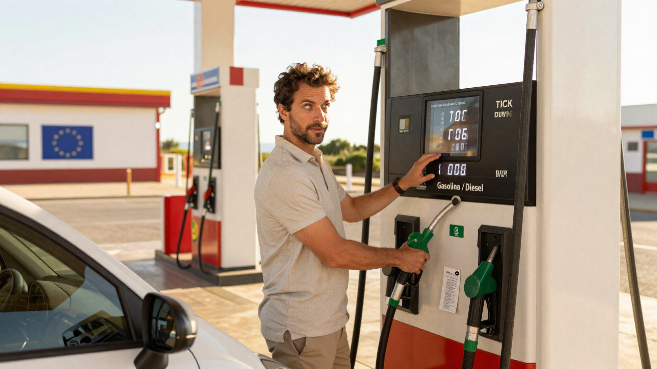 Homem abastecendo carro em posto de gasolina com tela mostrando mensagem "TICK TICK DOWN".