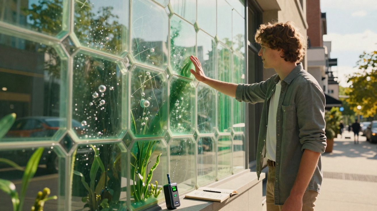 Jovem toca janela de vidro hexagonal com plantas pequenas dentro em ambiente urbano iluminado.