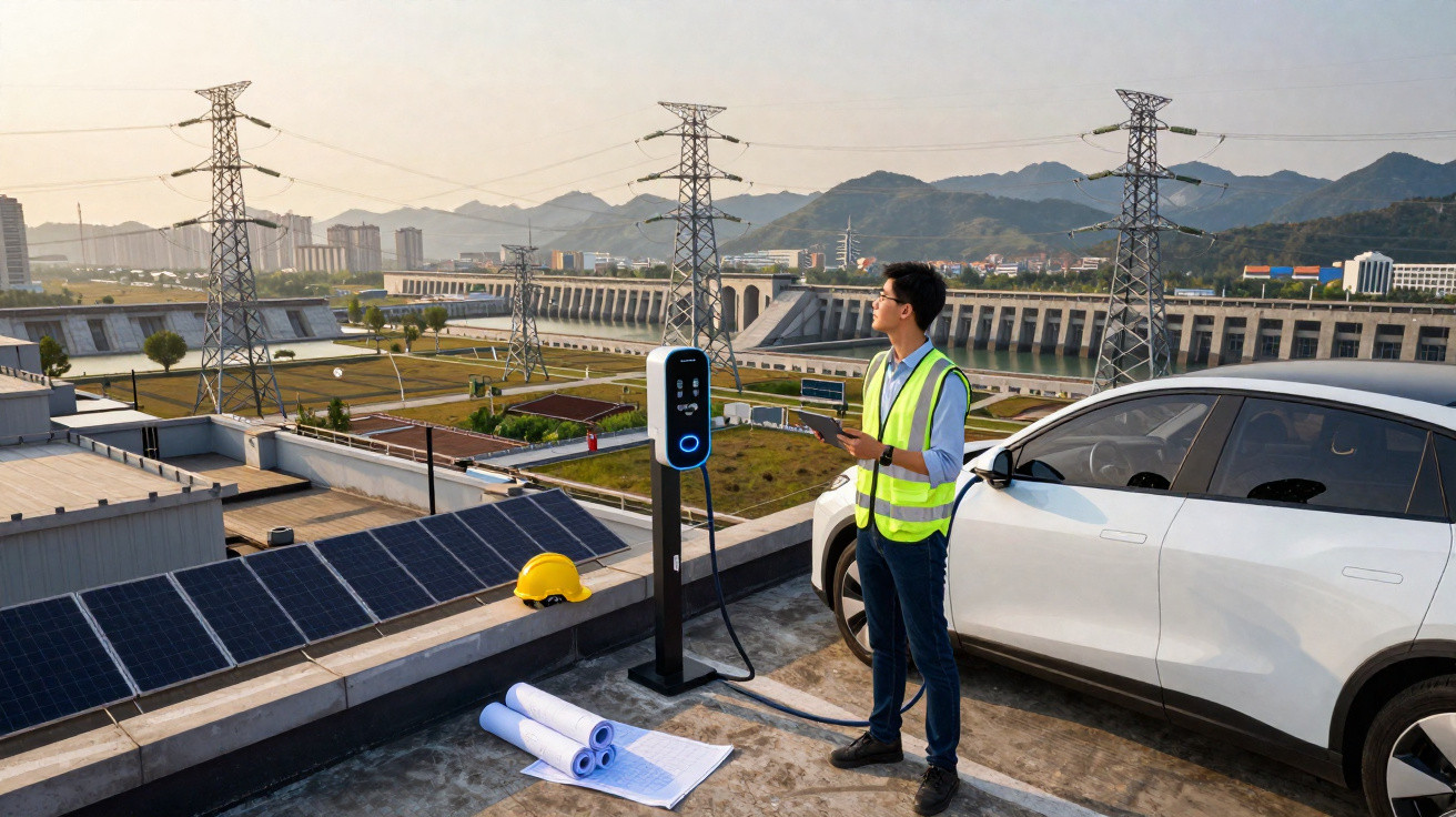 Homem com tablet ao lado de carro elétrico carregando, painéis solares e torre de energia ao fundo.