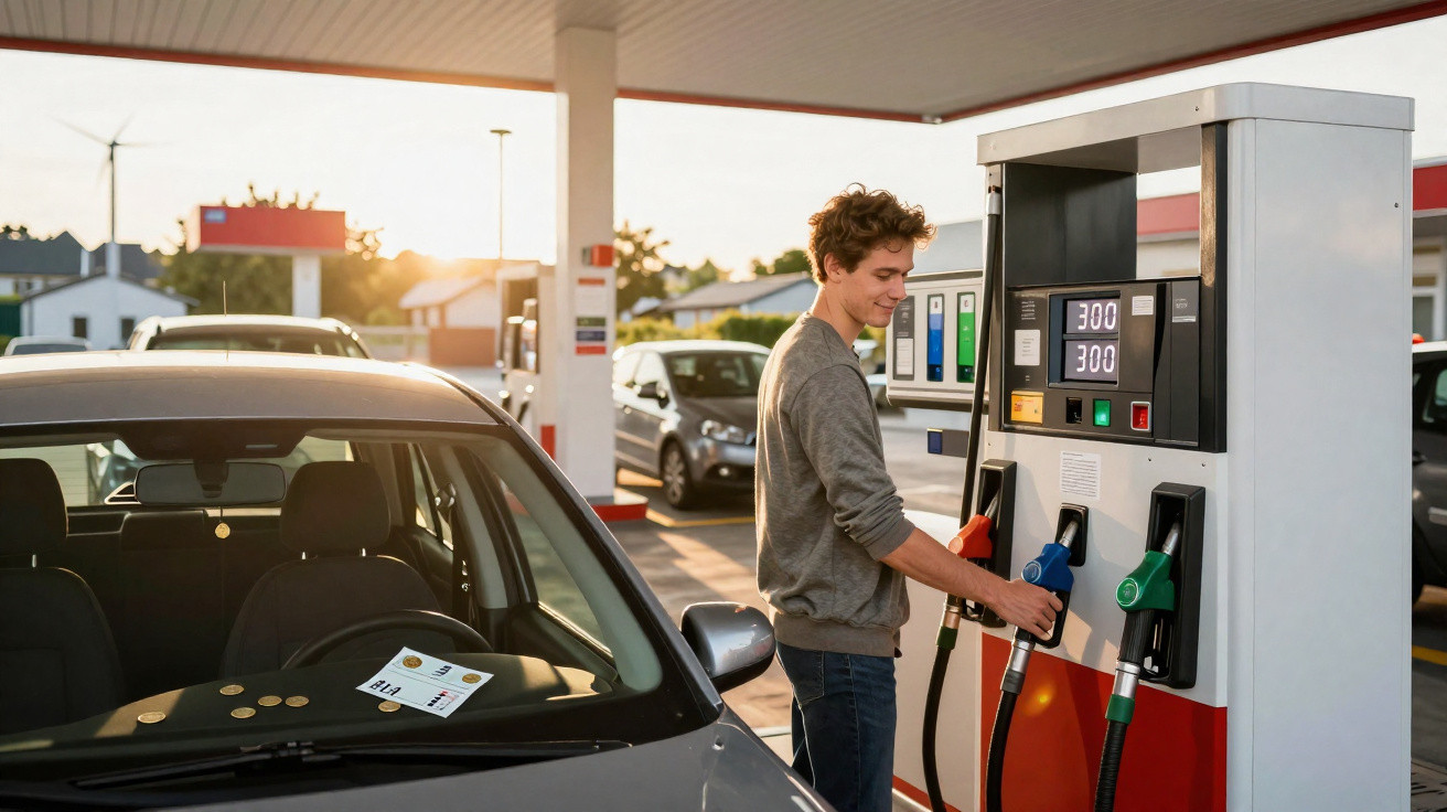 Homem abastecendo carro em posto de gasolina ao entardecer em dia ensolarado.