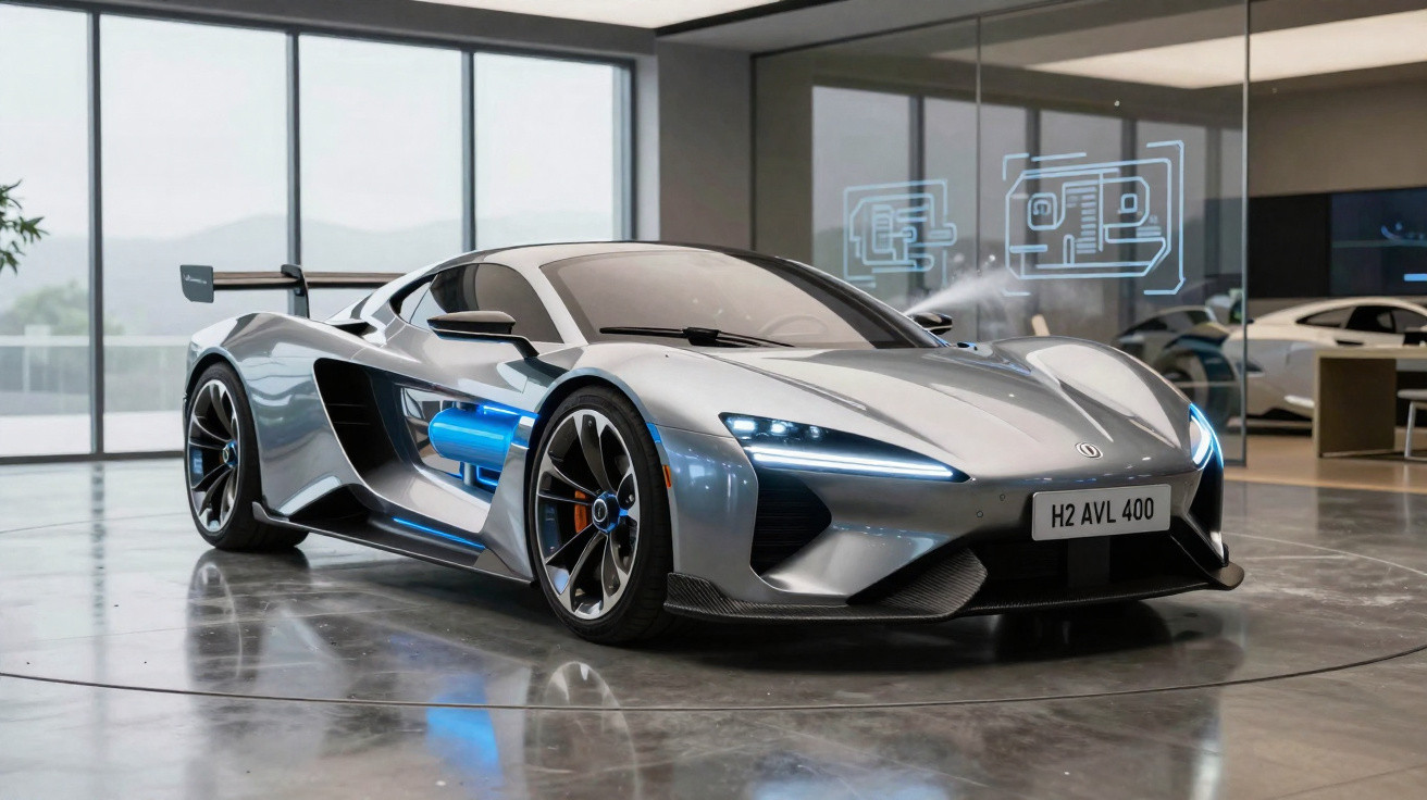 Carro esportivo prateado futurista em garagem moderna com luzes azuis e detalhes aerodinâmicos.