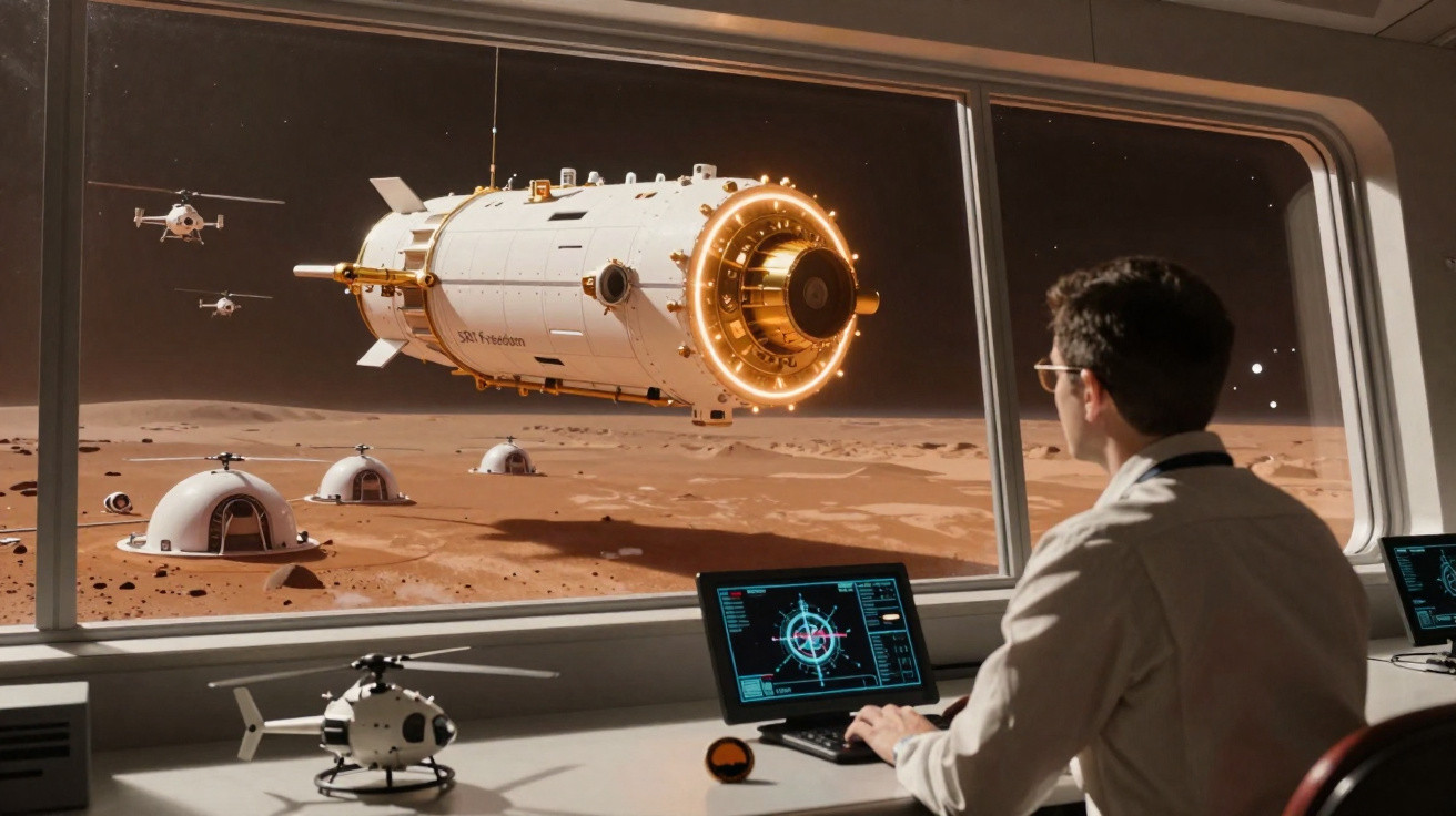 Homem monitora módulo espacial e drones em ambiente marciano através de grande janela panorâmica.
