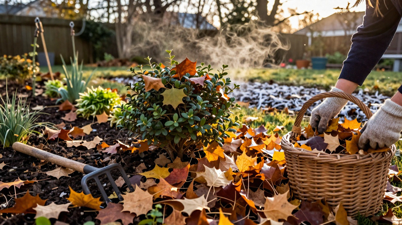 Mãos com luvas coletando folhas secas em cesta, ao lado de um jardim com planta e ancinho no chão.