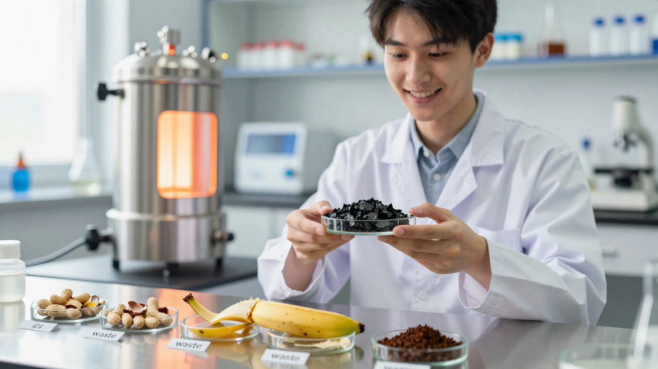 Cientista em laboratório segurando placa com carvão ativado, com amostras de amendoim, banana e pó na mesa.