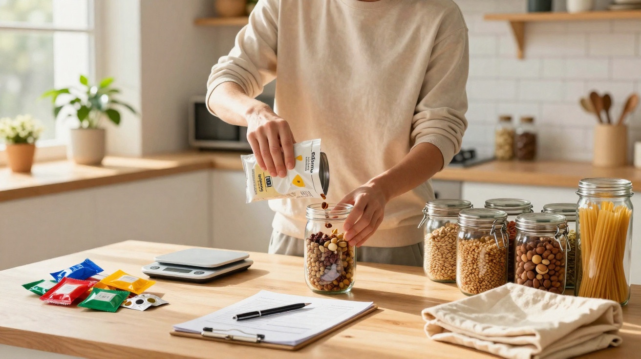 Pessoa colocando macarrão em pote de vidro em cozinha com vários potes e caderno sobre mesa de madeira.
